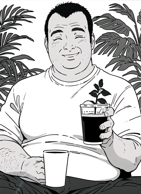 yakiyama line <lora:yakiyama_line_offset:1>, , greyscale, monochrome, 1boy, fat, male focus, solo, fat man, cup, shirt, smile, sitting, holding, plant, holding cup, closed eyes, facial hair