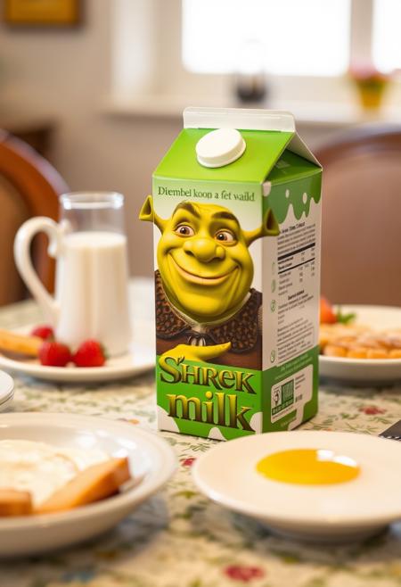 a milk box on a breakfast table. The milk is titled "shrek milk" with shrek on the cover smiling, green and white box