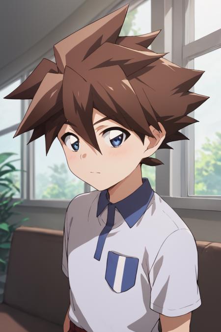 hokuto hayasugi,brown hair, blue eyes,spiked hair,  glasses blue shirt, bodysuit,headset weapon