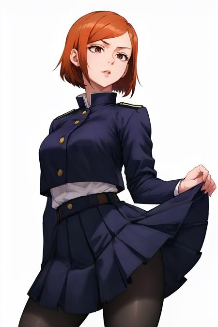 <lora:JJK_Nobara-DEF:0.7> nobara, solo, short hair, jacket, overhang, uniform, skirt, pantyhose, cowboy shot, white background, perfect, sharp, masterpiece, detailed, high resolution, best quality,