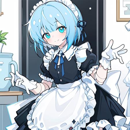 blue hair, gloves, blue eyes, apron, maid, white gloves, short sleeves, short hair, black background, dress, maid headdress, ribbon, simple background, puffy sleeves, puffy short sleeves, black dress, looking at viewer, frills, maid apron, white apron, closed mouth, joints, red ribbon, bow, bangs, adjusting gloves,