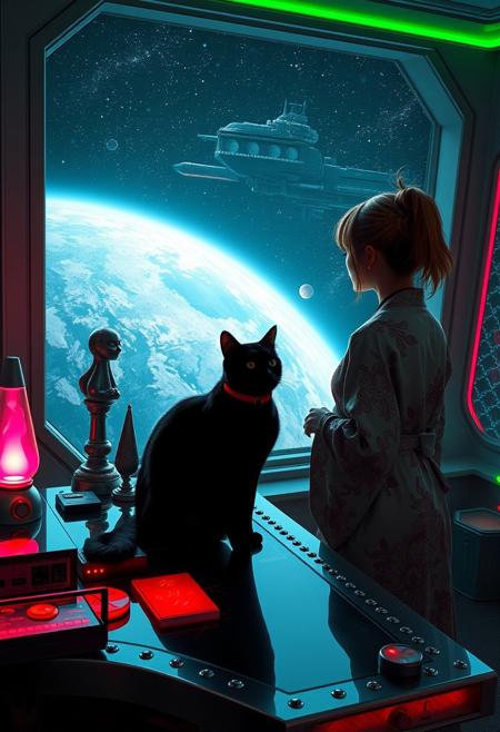 A sleek black cat with red collar sits on a cluttered metal riveted desk with transparent top and rgb led computer components visible inside, On the desk are a maneki neko statue and a lava lamp, the Black Cat is looking out of a seamless and futuristic floor to ceiling window that looks out at a planet from low orbit, (((a beautiful woman, 24 years old, is standing next to the cat looking out the window, the woman is dressed in an ornate Japanese style bath robe. An enormous deco-cyberpunk starship with futuristic lighting and an enormous space station are visible in the background among the stars, The woman's hair is messy from just waking up and tied up with a ribbon. Artistic cyberpunk, dynamic perspective, (((overall architectural aesthetic is Art Deco Cyberpunk))).  Epic image that elicits a feeling of wonder and awe,