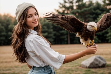 from below,from side and behind,photo of a 18 year old girl,standing,a eagle standing on her arm,happy,looking at viewer,ray tracing,detail shadow,shot on Fujifilm X-T4,85mm f1.2,depth of field,bokeh,motion blur,<lora:add_detail:1>,