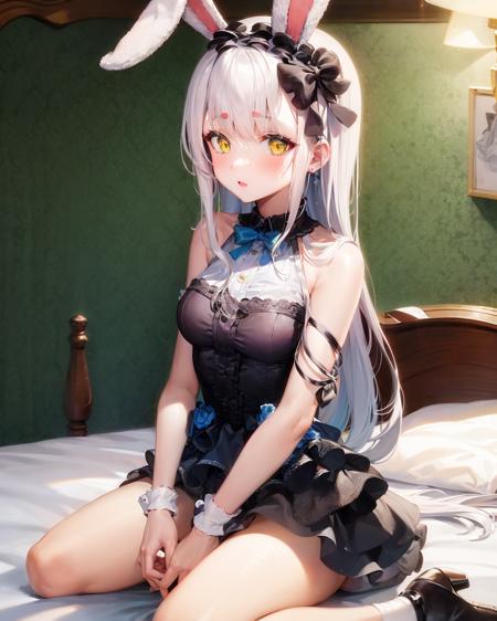 1girl, <lora:ShimakazeAliceV1[sleeveless_dress]-000008:0.8>, yellow_eyes, sleeveless dress, shimakazealice,kneeling,wariza,blush,indoors,bed, bedroom,