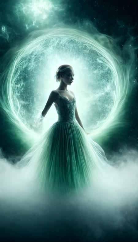 young fairy ((ballerina)) on a moon, the clouds, spectral apparitions, supernatural, ghostly atmopshere, (ghostly mist:1.2), wisps floating in the air, masterpiece, high quality, best quality, sharp details, extremely detailed, 4k, perfect lightning, green eyes, close up to tits,