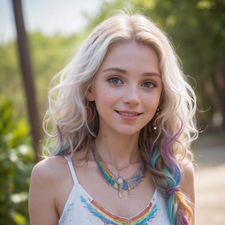 (white croptop:1.2), (style-paintmagic:0.9), best quality, highres, (photorealistic:1.4), (depth of field:1.8), a beautiful hippies girl 20 yo, looking to the side,  (wavy rainbow hair:1.2), necklace,  (standing:1.3),  smile,  pale skin, (detailed face:1.2), (photorealistic:1.5), (masterpiece:1.2), (best quality:1.2), <lyco:GoodHands-beta2:1.0>,  <lora:weight_slider_v2:-0.5> <lora:epiCRealismHelper:0.5> <lora:add_detail:0.4>