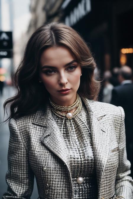 JodieC_SoloTI_v1,
(In a mix of Chanel tweed jacket, Givenchy tailored trousers, and Christian Dior silk blouse, accessorized with classic pearls and statement heels, for a fusion of timeless elegance and modern edge), (A bustling cosmopolitan street, with avant-garde galleries and haute couture boutiques, an atmosphere of high fashion and artistic flair:1.3), (seductive:1.3),(analog, cinematic, film grain, hazy atmosphere, cinematic shot:1.3),
 <lora:add_detail:0.6>, PA7_Portrait-MCU,