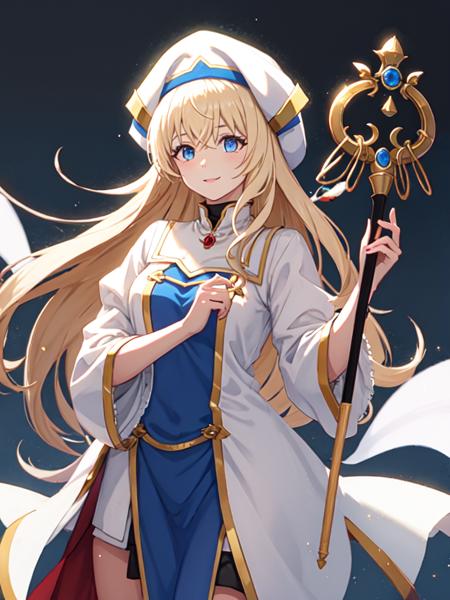 priestess \(goblin slayer\), blonde hair, long hair, blue eyes white headwear, dress, long sleeves, hat, thighhighs, thigh boots, holding staff, staff