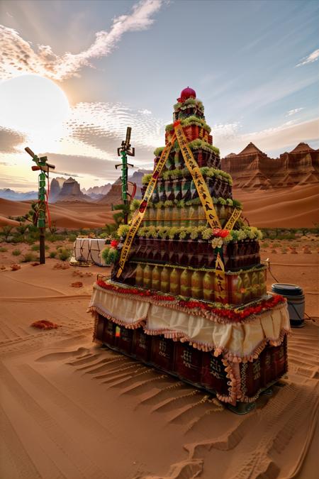 RAW photo, RAW photo,no humans, a large  Taiwan-caned-offering in desert ,with canned drinks arranged on it. best quality, masterpiece, 8k uhd, dslr, soft lighting, high quality, film grain, Fujifilm XT3 <lora:100_Taiwan offering_1v_5_768_0001deep5e_off:1>