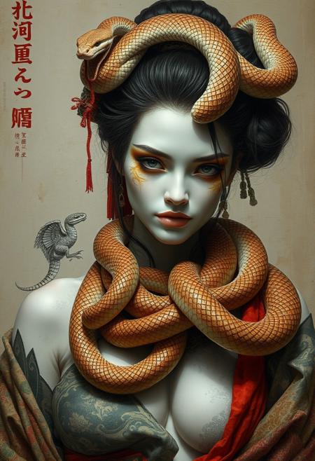 Beautiful female warrior, snakes, japanese, white pale skin, oriental damask ornaments, in the style of restrained palette, distressed materials, realistic color schemes, hieratic visionary, figura serpentinata, nicola samori, bold yet graceful , alexander McQueen fashion costume style, oil painting style