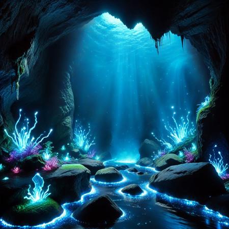 A vast underwater cave glowing with bioluminescent life. The cave walls are covered in radiant coral, glowing moss, and pulsing alien-like flora in shades of blue, teal, and violet. Strange bioluminescent organisms drift through the water—jellyfish, glowing shrimp, and translucent fish trailing light. Shafts of faint light filter through cracks in the rock above, barely reaching the cavern floor. The water is crystal clear, with shimmering reflections dancing across the stone. The atmosphere is peaceful, magical, and otherworldly—like a hidden sanctuary deep in the ocean.