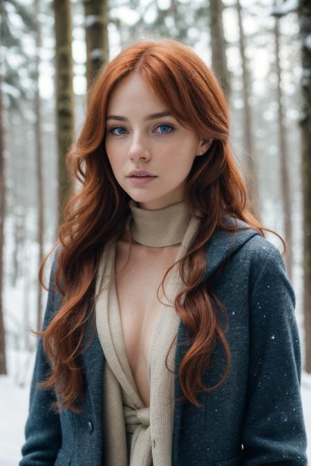 close up of a european woman, ginger hair, winter forest, natural skin texture, 24mm, 4k textures, soft cinematic light, RAW photo, photorealism, photorealistic, intricate, elegant, highly detailed, sharp focus, ((((cinematic look)))), soothing tones, insane details, intricate details, hyperdetailed, low contrast, soft cinematic light, dim colors, exposure blend, hdr, faded