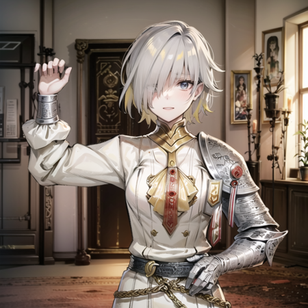 kromer there is a drawing of an anime character in armor standing in a fighting stance, solo, armor, hair over one eye, kromer, indoors, room background, multicolored hair, gray hair, blonde hair,