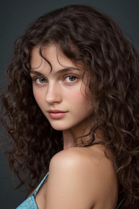 sharp,  50mm, studio shot,   a cute  russiian girl, natural skin,skin imperfections,   long dark curly chocolate hair, delicate  aquamarine eyes, buff skin, dark background, harmonious, sublime,