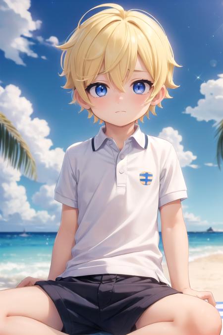 (1boy:1.4), (very short hair), crew cut, (solo:1.4), sfw, (bulge:0.4), male character, ((masterpiece)),
multicolored background, hair between eyes, highlight in eyes, (blonde hair:1.4)
(polo shirt :1.4), short pants, colorful eyes,  male character
multiple details, sky, sea, beach , outside, short hair, handsome,  beautiful eyes (vocaloid), delicate features, high light in eyes, (narrow chin:1.5), triangle chin, (introvert:1.6)
petite, young, juvenile, short hair, male face, detailed beautiful little boy, adorable boy, sparkling eyes,
sitting, faint smile, energetic eyes