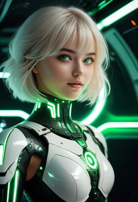 High-quality,(photorealism:1.10), anime style.  (from below:1.15), Blonde platinum girl, (five fingers:1.15), layered cut, short bob, (platinum blonde hair:1.10), green eyes, (blunt bangs:1.10), (visible face:1.10), (realistic dollface:1.10), beautiful wide smile, perfect teeth, white teeth, (medium round breast:1.10), (breast covered:1.10), sci-fi clothing size xs that accentuates her sexy curves, (white and black sci-fi clothing:1.15), full-body, silhouette, (detailed sci-fi boots:1.10), (interior of a spaceship:1.10), (dynamic arms pose:1.10), (looking at you down:1.10), two arms, indoors, woman, sci-fi theme --noblurry background --no nsfw --no intimate parts exposed --no gun pose --no gun pose with hand fingers --no upper body --no missing fingers --no six fingers, --no dark green eyes, --no green clothing --no green background, --no okay pose with fingers  (Visible background:1.10), (visible image:1.15) fashion_theme trending. 
BREAK Absurd, masterpiece, artwork, trending, trendy, (23 years old) BadDream, natural skin texture & pores. RAW photo, high detailed skin, 8k, dslr, soft lighting, film grain, epic composition, Fujifilm XT3, Canon R5,