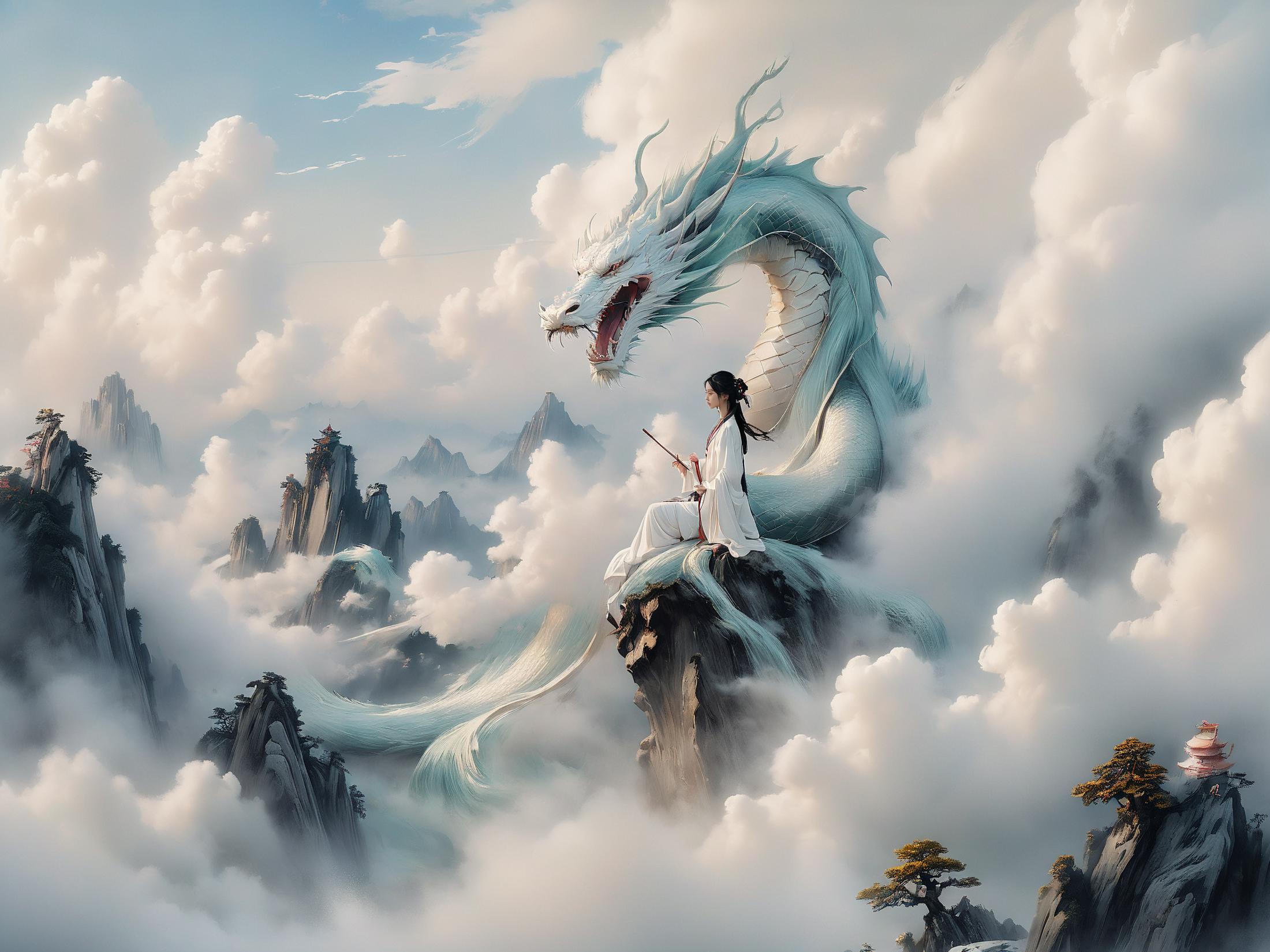 A woman sitting on a rock with a dragon in front of her.