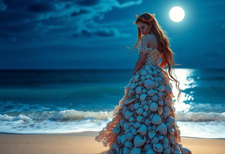 A young woman standing at the edge of a moonlit beach, wearing a gown made of intricate seashells and pearlescent scales. Her hair is adorned with glowing coral and seaweed, softly swaying with the breeze. The waves gently lap at her feet, and the distant horizon glows with pale light.