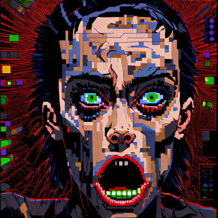 game_face a black screen featuring an pixel art image, megan fox face, in the style of david wojnarowicz, chris dyer, charles burns, neo-expressionism, retrowave, ps1 graphics, digital neo-expressionism