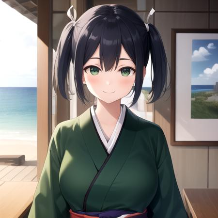 ((masterpiece)),(best quality),official art,extremely detailed CG,unity 8k wallpaper,ultra detailed,A lighthouse on a cliff by the sea,1girl,solo,upper body,(portrait:1.2),japanese_clothes,twintails,green_kimono,green_eyes,short_hair,partially_fingerless_gloves,blue_hair,wide_sleeves,hair_ribbon,yugake,large_breasts,hakama_short_skirt,geta,tabi,white_socks,pleated_skirt,white_ribbon,looking_at_viewer,smile,<lora:SouRyuu(kan)>,