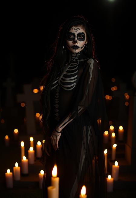 (masterpiece, best quality), score_9, score_8_up, score_7_up, masterpiece, 4k, Latina girl, long black hair, bedroom eyes, wide hips, flowing sheer black dress, dia de los muertos makeup, skeleton body paint on skin, in a cemetery at night, candles everywhere, dark background, vignette, dynamic lighting, dynamic shadows, bokeh, low light, depth of field, highly detailed, high contrast, film grain, Rim Lighting,