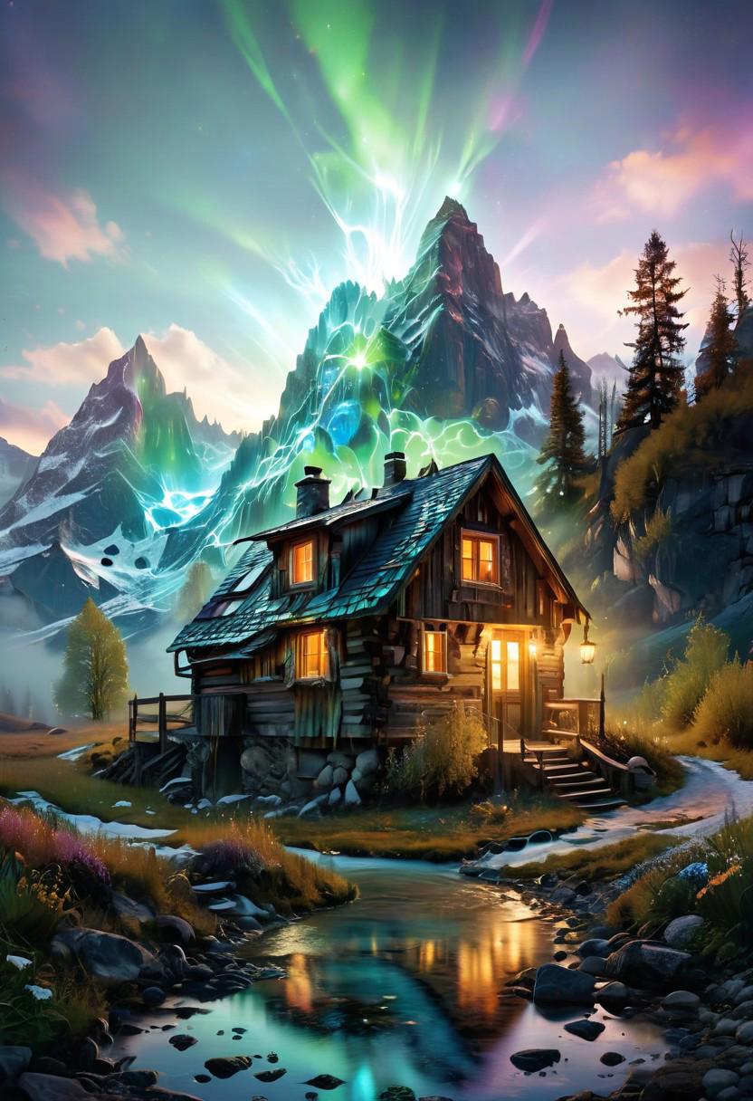 (by Ellen Jewett:1.5), ((Bioluminescent Impressionism: 1.8), The Dreamland), their peaks veiled in mist. mixed media, surrealism, great lighting, A surreal landscape highly detailed . extremely high-resolution details,  appears trapped in an optical illusion of reflections and refractions colorful , mountain cabin, ice and snow, professional photography, natural lighting, volumetric lighting maximalist. intricately detailed, complex, elegant, expansive, fantastical, film photography style,  medium grain,  <lora:MJ52:0.3>  <lora:SDXLFaeTastic2400:0.4>  <lora:EpicF4nta5yXL:0.7>.ethereal landscapes, depth of field, biotech emotion:1.3) <lora:xl_more_art-full_v1:0.5> <lora:add-detail-xl:1> <lora:RMSDXL_Creative:2>