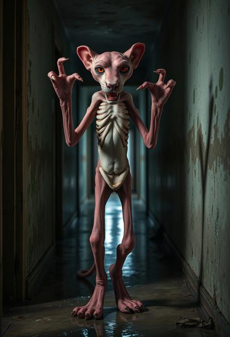 score_9, score_8_up, score_7_up, score_6_up, depth of field, highly detailed, BREAK Pink Panther, malnourished, skinny, bony, sunken eyes, dirty matted fur, mange, patches of fur missing, scabs, claw marks, anaemia, bones visible under flesh, glowing red eyes, long mangled claws, long mangles finger nails, hyper realistic hands and feet, long gnarled teeth, long arms, long fingers, malformed, extremely narrow waist, hipbone visible, ghoulish,no human, 
BREAK in a long hallway stands the Pink Panther, this Pink Panther is a twisted creature unlike his well known counterpart, Pink Panther twerking in a doorway, menacingly, Pink Panther is twerking towards the viewer at the other end of the hallway, the building is dilapidated with water damage, water is dripping from the ceiling and running down the walls, it is dark, low lighting, mold is growing on the walls, this building has been abandoned and condemned,
 night,  doorway,,low key,dramatic lighting, film grain,