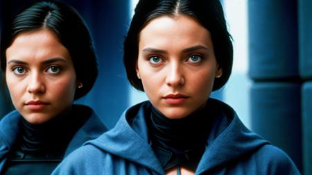 a fremen girl from the Dune franchise, in the style of the david lynch movie from 1984, fierce, petite, piercing blue eyes