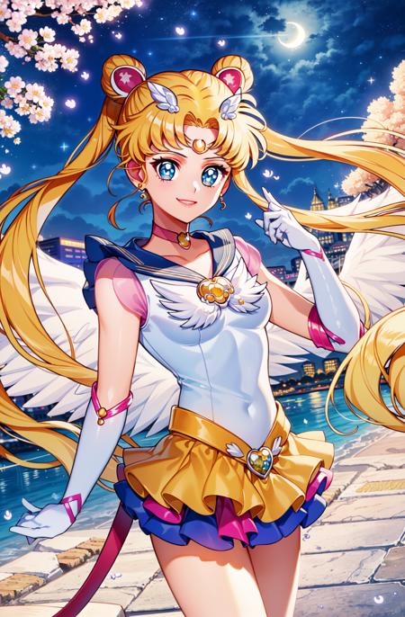 1girl, eternal sailor moon, night sky, cherry blossoms, detailed face, face focus, shiny skin, smile, game cg, nigh sky, moonlight, moon, (wings 1.5), white gloves