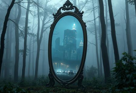 A freestanding, antique mirror sits in a dense, foggy forest, (but instead of reflecting the forest, it shows an entirely different world:1.4). Inside the mirror, a futuristic cityscape with flying vehicles and glowing skyscrapers pulses with life.Hyperrealistic glass textures, intricate alternate realities, and dramatic atmospheric effects.