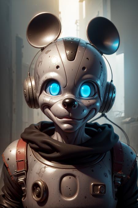 portrait of M1cky looking like a robot, blue eyes, lights, robot, cyborg