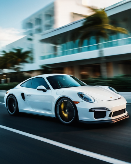 cinematic photo of white Porsche in Miami, perfect lighting, vibrant, high detailed, epic, movie still, motion blur, film grain