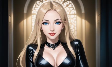 Gothic style <lora:osorubeshiAlphaXL_z.FFai.lora:1> a woman in a black dress posing for a picture, 1girl, solo, blonde hair, looking at viewer, long hair, breasts, blue eyes, blurry background, see-through, red lips, blurry, realistic, makeup, latex, lipstick, smile, lips, medium breasts cinematic film still, smooth, sharp focus, realistic,(close portrait:1.3),(Feminine:1.4),(beautiful:1.4),(attractive:1.3),handsome,calendar pose,perfectly detailed eyes,studio lighting,thematic background . Dark, mysterious, haunting, dramatic, ornate, detailed