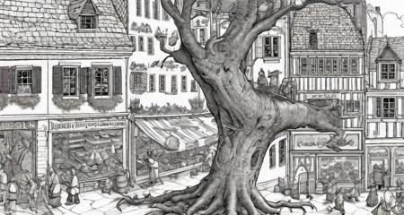 Whimsical and intricately detailed cartoon style, (by Jean-Jacques Loup's) (by Martin Hanford) (by Michael Ryba) (Children's Games by Pieter Bruegel the Elder). The camera is looking down from up high to a scene featuring a bustling medieval market in the heart of a fantasy town.  there is a large crowd of vendors and shoppers and street entertainers that are grouped in smaller groups of 2 and 3, The street is paved with cobblestone,  The architecture is whimsical, with exaggerated, crooked buildings and colorful stalls filled with exotic goods. Let nature take over in this architectural playground. Vines crawl across walls, weaving through balconies and draping windows in emerald curtains. Trees sprout from rooftops, their roots snaking down through floors and creating natural bridges between buildings. Birds nestle in gargoyle nooks, and butterflies flutter through open doorways, bringing a touch of life to the whimsical chaos.
<lora:akihikoYoshidaBravelyDefault_1:0.4> <lora:Bespin-epoch-000004:0.4> <lora:kyouyasai4423_20230113-epoch-000004:0.6>