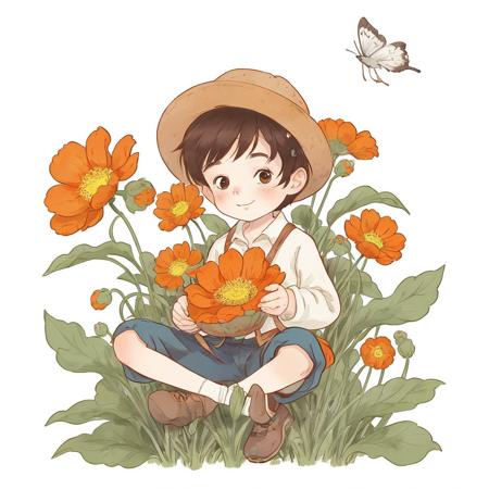 1boy , flower , white background, JSM , <lora:huahui:0.7>,