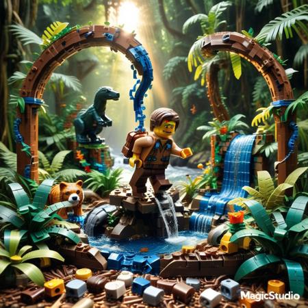 a dense jungle scene assembled from dark green LEGO foliage elements, rivers formed with curved blue tiles, animals shaped from repurposed bricks, an explorer minifig swinging from a plastic vine, sunlight refracting on smooth brick surfaces, LEGO