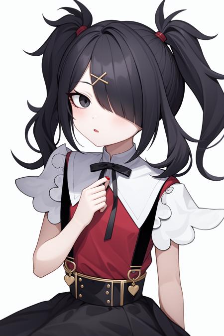 <lora:è¶å¤©é»:0.8:lbw=char>,chaotian2,twintails,black hair,hair ornament,hair over one eye,x hair ornament,ribbon,suspenders,shirt,black ribbon,skirt,bangs,suspender skirt,neck ribbon,hairclip,black skirt,black eyes,red shirt,black nails,, 1girl,
,  (masterpiece,best quality:1.2),absurdres