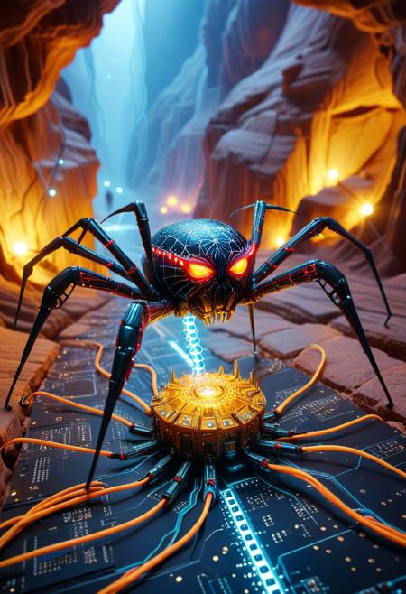 a spider-like inspection drone crawling across a glowing server canyon, legs articulated with etched flex cables, lens-eye scanning along voltage paths like veins, tiny fans spinning beneath its chassis, trailing a filament of diagnostic code, pcb_style