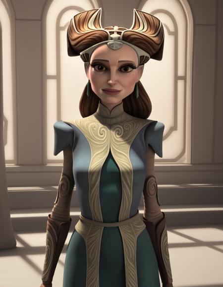 <lora:clonewars-padme-amidala-s3-ponyxl-lora-nochekaiser:1>, padme amidala, brown hair, brown eyes, realistic, mole, mole under eye, long hair, lips, 3d, low-tied ponytail, braided ponytail, gloves, shirt, brown shirt, long sleeves, belt, pants, vest, pink vest, brown pants, open vest, skirt, long sleeves, jacket, hair bun, single hair bun, long skirt, purple jacket, dress, tiara, green dress, collarbone, breast, skirt, long skirt, green skirt, earrings, hair horns,