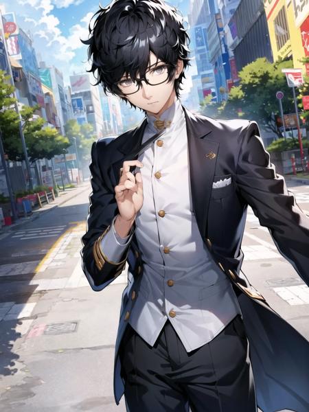 masterpiece, best quality, highres, extremely detailed CG unity 8k wallpaper, illustration of dsjoker, black hair, glasses, black-framed eyewear, grey eyes, dress shirt, pants, 1boy, solo, male focus, standing, outdoors, detailed background, (persona 5:0.5)
<lora:dsjoker_e2:0.75>