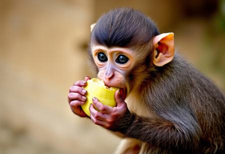 Baby monkey is eating a banana