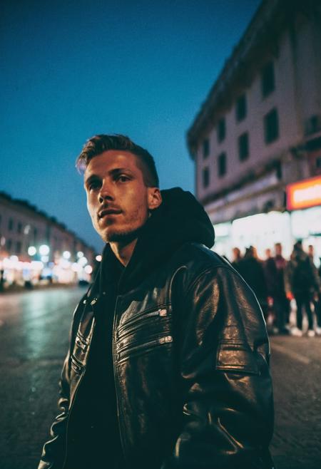 go pro photo, half body,1man, 25 y.o. , low angle, night , bright clothes 90's, grainy photo, analogue glitch effect, street style photo, beautiful man, biker