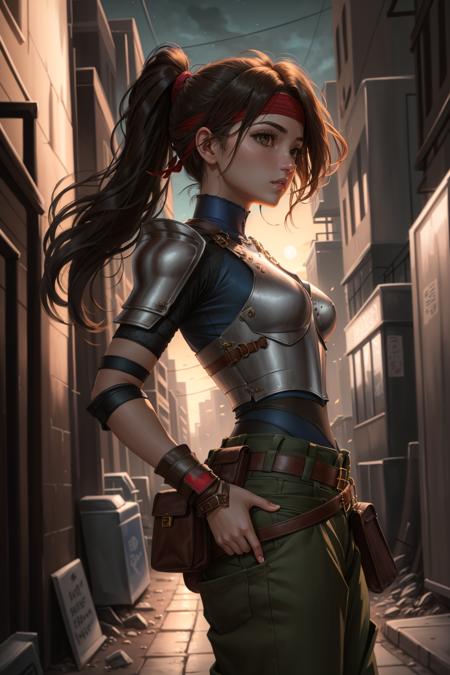 masterpiece, best quality, jessie rasberry, headband, armor, blue bodysuit, belt, pouch, green pants, from side, dystopian city, city alleyway, night, chiaroscuro shading, looking at viewer, turning head <lora:jessie-nvwls-v2-000010:0.9>