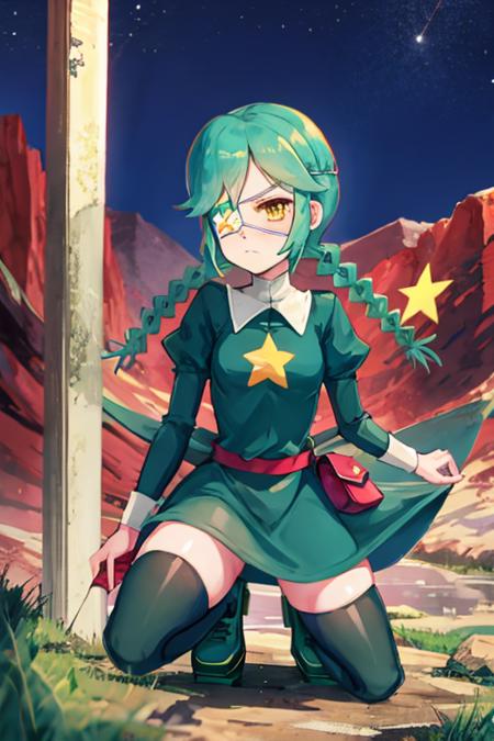 sgannie, yellow eyes, green hair, short hair, parted bangs, twin braids, eyepatch, green dress, star \(symbol\), belt pouch, green thighhighs, zettai ryouiki, frown, squatting, mountain, river , night  <lora:annie-skullgirls-v2:1>