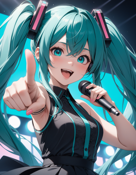 (masterpiece, best quality, ultra detailed), intricate details,
1girl, hatsune miku, vocaloid, concert, singing, open mouth, smile, pointing at viewer,