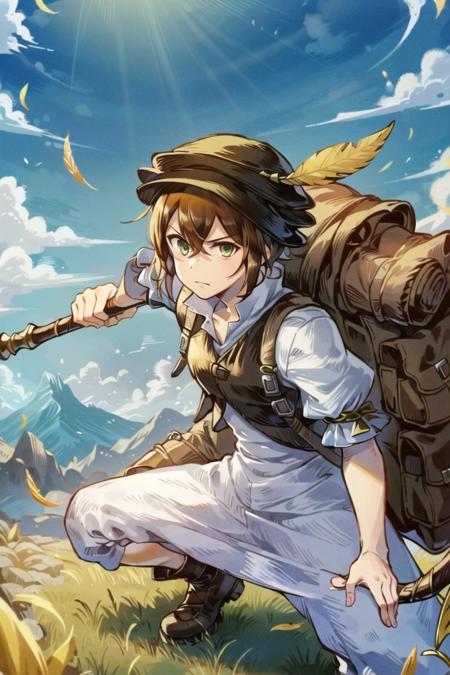 <lora:Tressa:0.8>, Tressa, holding weapon, spear, backpack, hat feather, fighting stance, battle >:\), masterpiece, best quality,