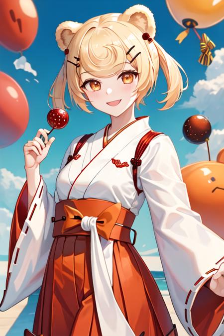 best quality, masterpiece, highres, solo, {white kimono:1.35}, {red hakama:1.35}, {wide sleeves:1.20}, {gum_arknights:1.15}, animal_ears, blonde_hair, bear_ears, short_hair, hair_ornament, candy_hair_ornament, hairclip, food-themed_hair_ornament, bangs, smile, orange_eyes, upper_body, red_eyes