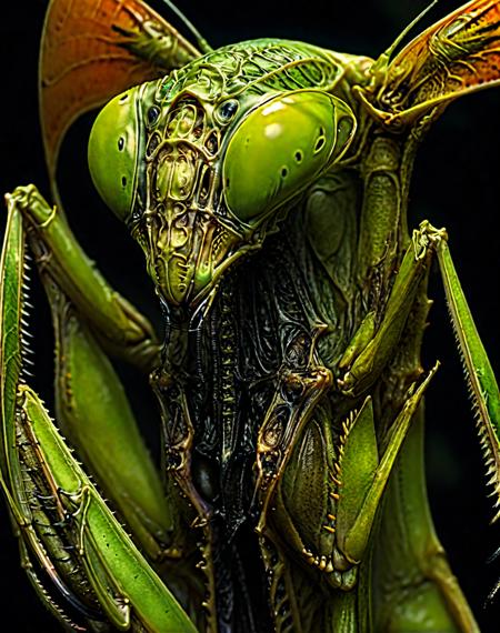 <lora:Mantis01-XL:1>  high resolution, green mantis01 dragon, front lighting, photorealistic, concept art, fantasy, autumn orange forest, studio lighting, lord lighting, combine the styles of the artists HR Giger, Alan m Clark