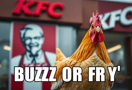 “A realistic, detailed chicken standing confidently in front of a KFC restaurant. The chicken has bright feathers, a sharp gaze, and a proud stance as if aware of its surroundings. The KFC logo is visible in the background, slightly blurred for depth. The scene is captured in a cinematic style with balanced lighting, slightly warm tones, and a shallow depth of field. Overlay bold white text with a black outline in meme style at the top: ‘BUZZ OR FRY’.”