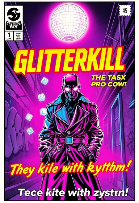 1980s comic book cover featuring a chrome-skulled vigilante named Glitterkill, standing under a glowing disco ball in a neon-lit alley. The character wears a shimmering trench coat with refracted light patterns, glowing eyes, and floating geometric cubes around them. Bold retro typography displays the title "GLITTERKILL" at the top, with the tagline "They kill with rhythm!" in stylized disco font. Background includes fog, graffiti, and synthwave colors—purple, magenta, electric blue. Art style mimics vintage Marvel and DC covers from the 1980s, with dramatic shadows, halftone texture, and pulp action flair.